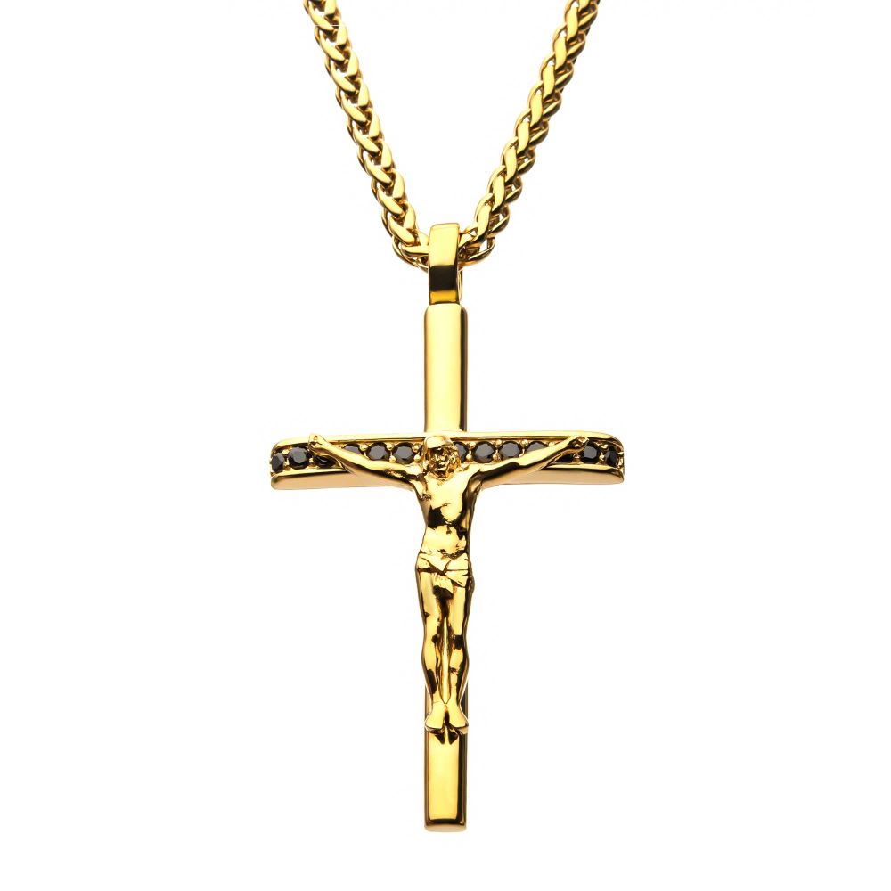St. Steel Gold IP with Black CZ Crucifix Pendant with Wheat Chain