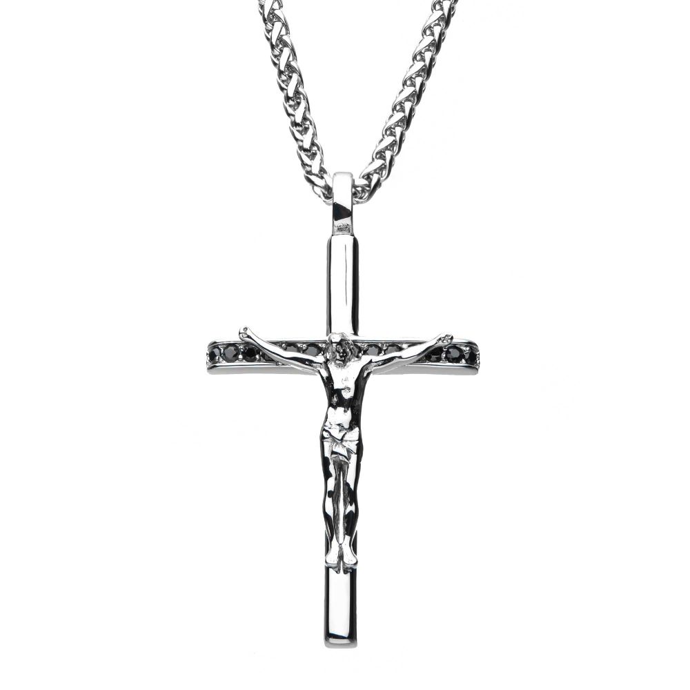 St. Steel with Black CZ Crucifix Pendant with Wheat Chain