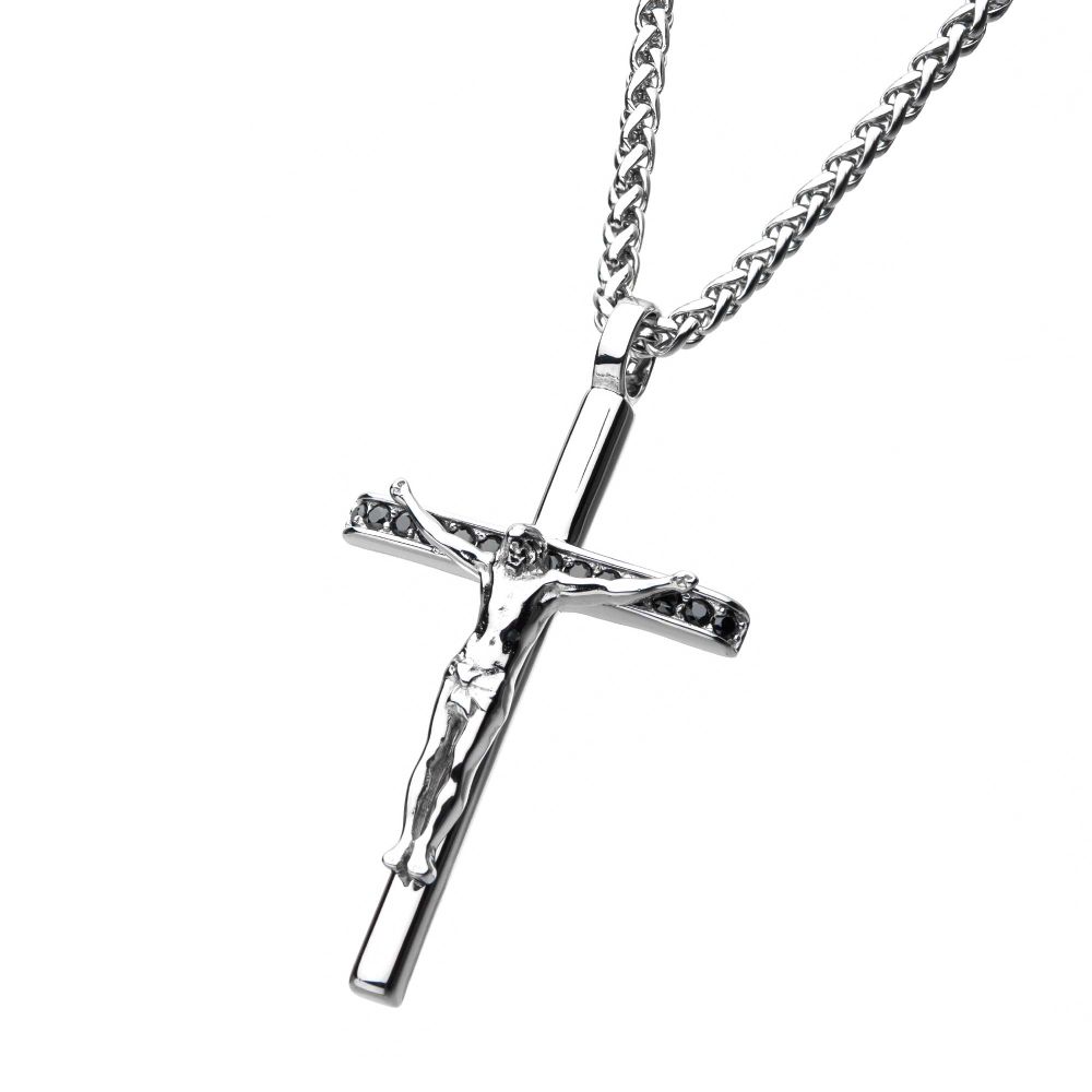 St. Steel with Black CZ Crucifix Pendant with Wheat Chain