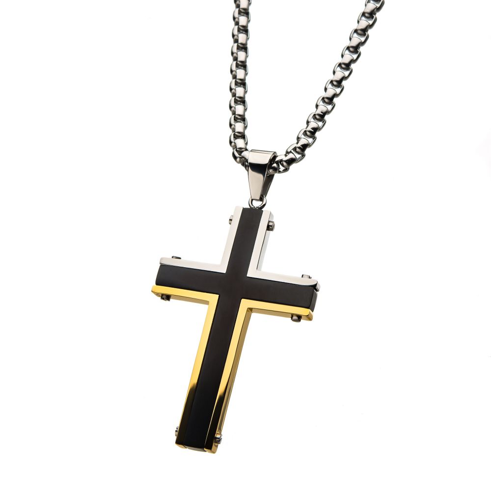 Stainless Steel Black and Gold IP Cross Pendants with Chain Sale