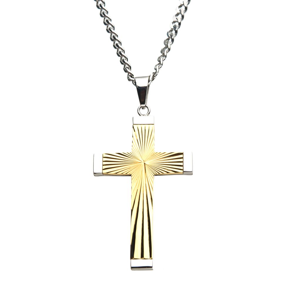 Gold IP Steel Patterned Devotion Cross Pendant with Curb Chain Sale