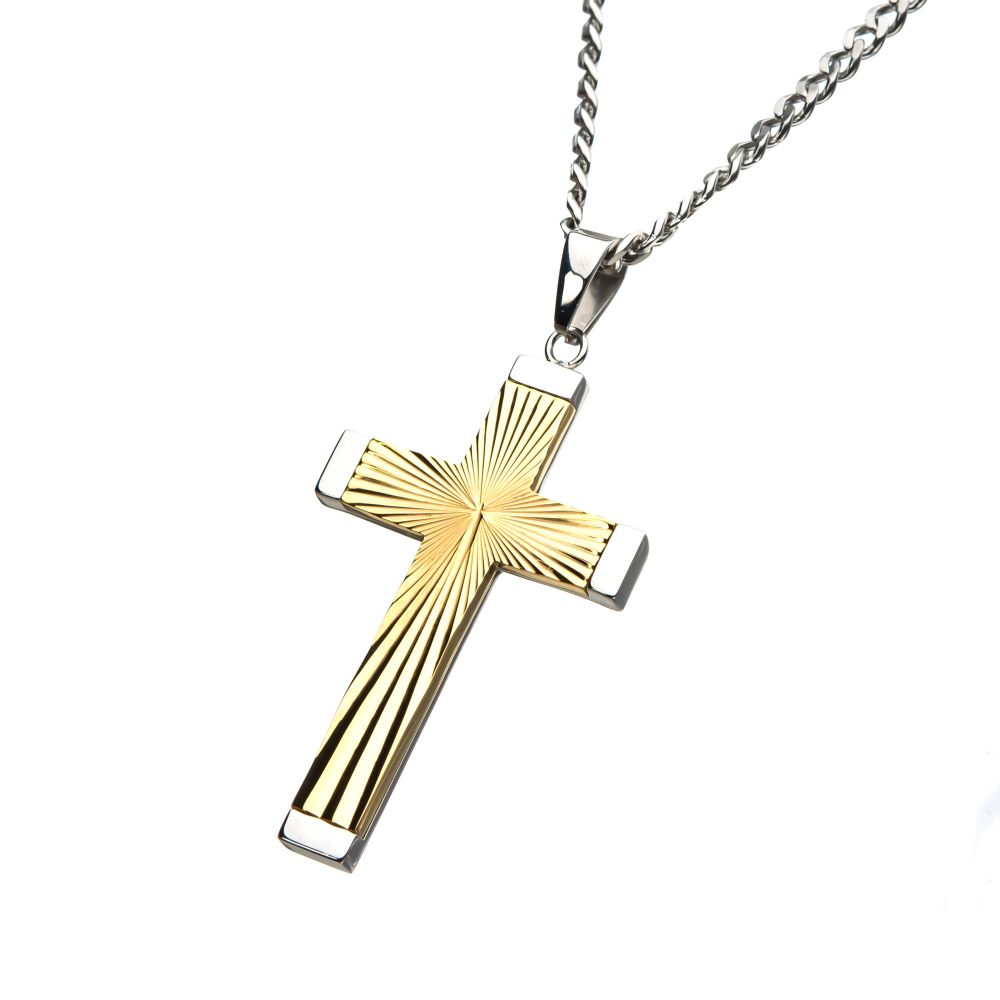 Gold IP Steel Patterned Devotion Cross Pendant with Curb Chain Sale