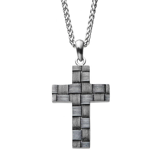 Antiqued Stainless Steel Weave Pattern Cross Pendant with Chain Sale