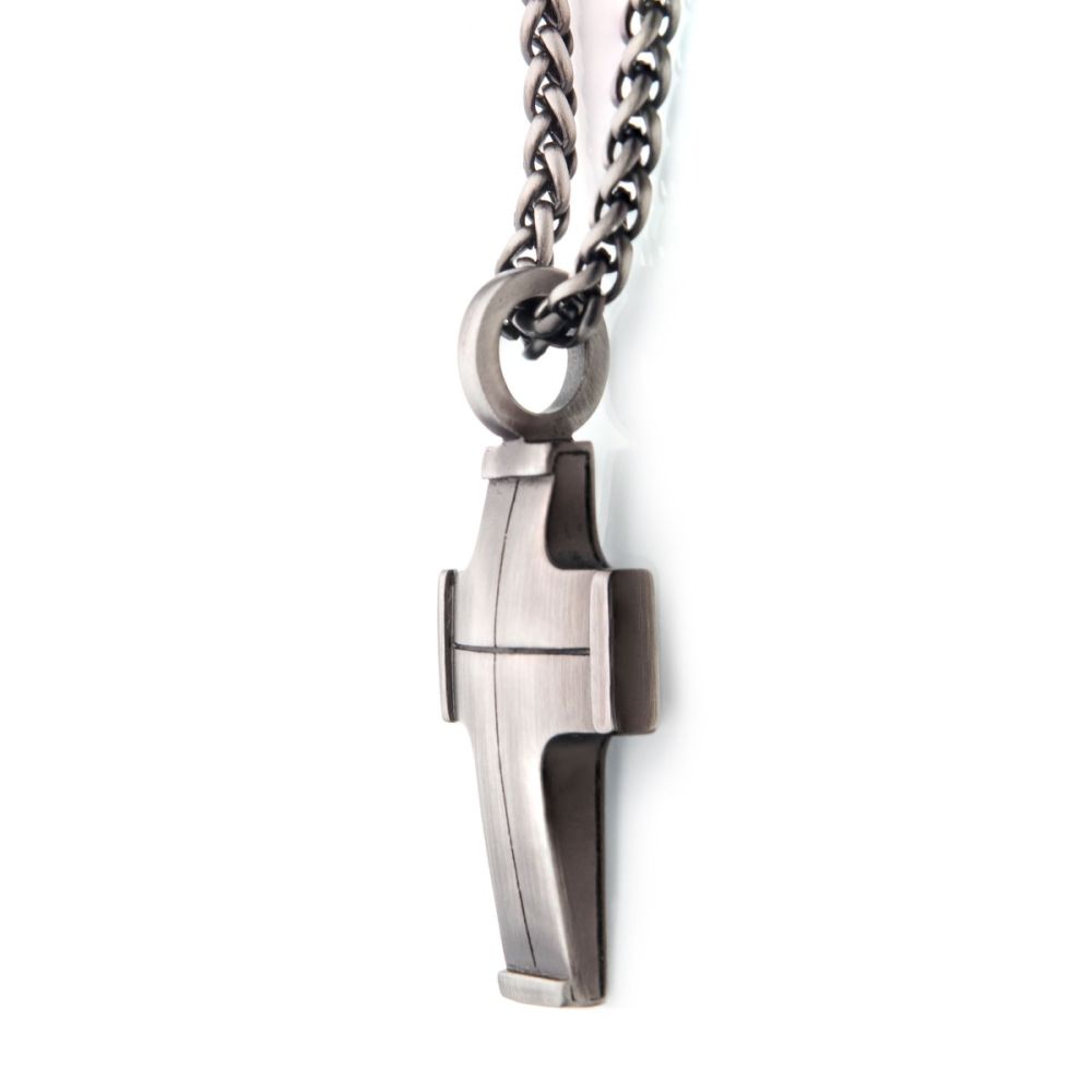 Gun Metal Plated Cross Pendant with Steel Wheat Chain Sale Sale