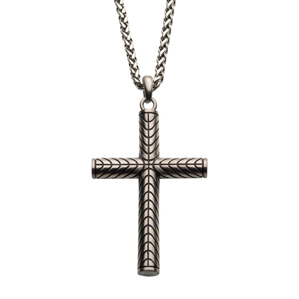 Steel Geometric Pattern Cross Pendant with Steel Wheat Chain Sale