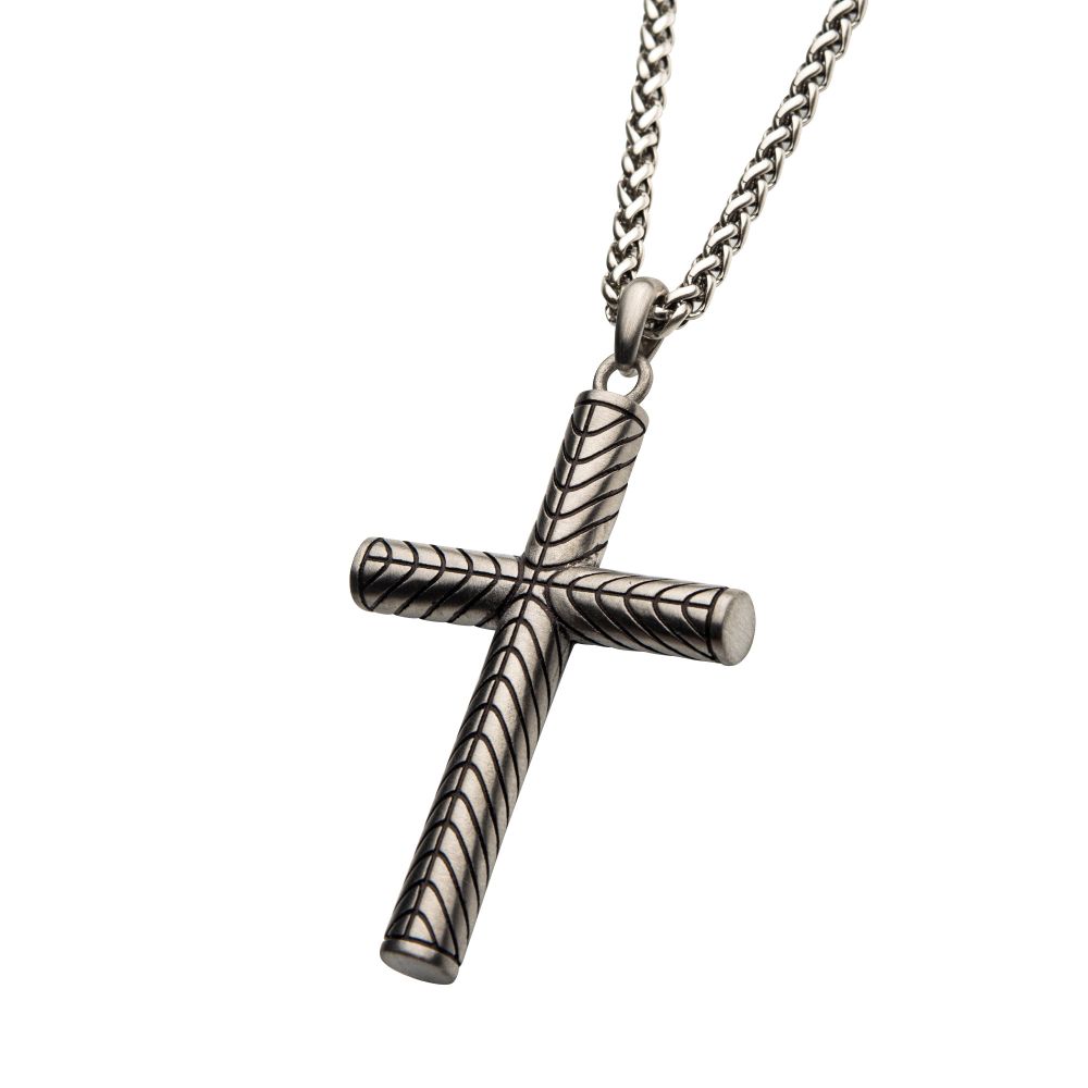 Steel Geometric Pattern Cross Pendant with Steel Wheat Chain Sale