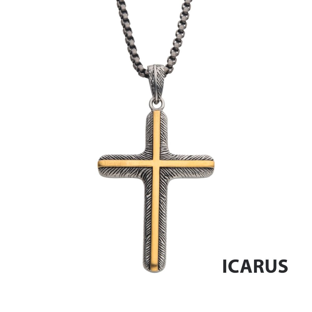 Gold IP Inlay & Gun Metal IP Cross Pendant with Round Box Chain Sale Sale