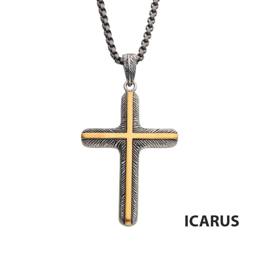 Gold IP Inlay & Gun Metal IP Cross Pendant with Round Box Chain