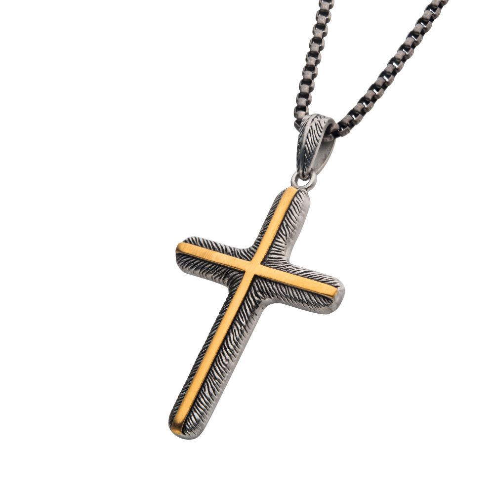 Gold IP Inlay & Gun Metal IP Cross Pendant with Round Box Chain Sale Sale