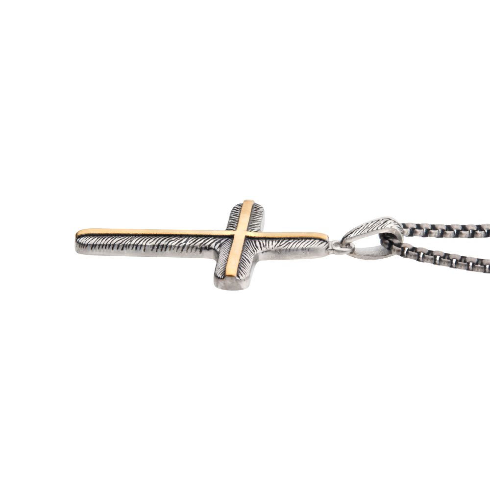 Gold IP Inlay & Gun Metal IP Cross Pendant with Round Box Chain Sale Sale