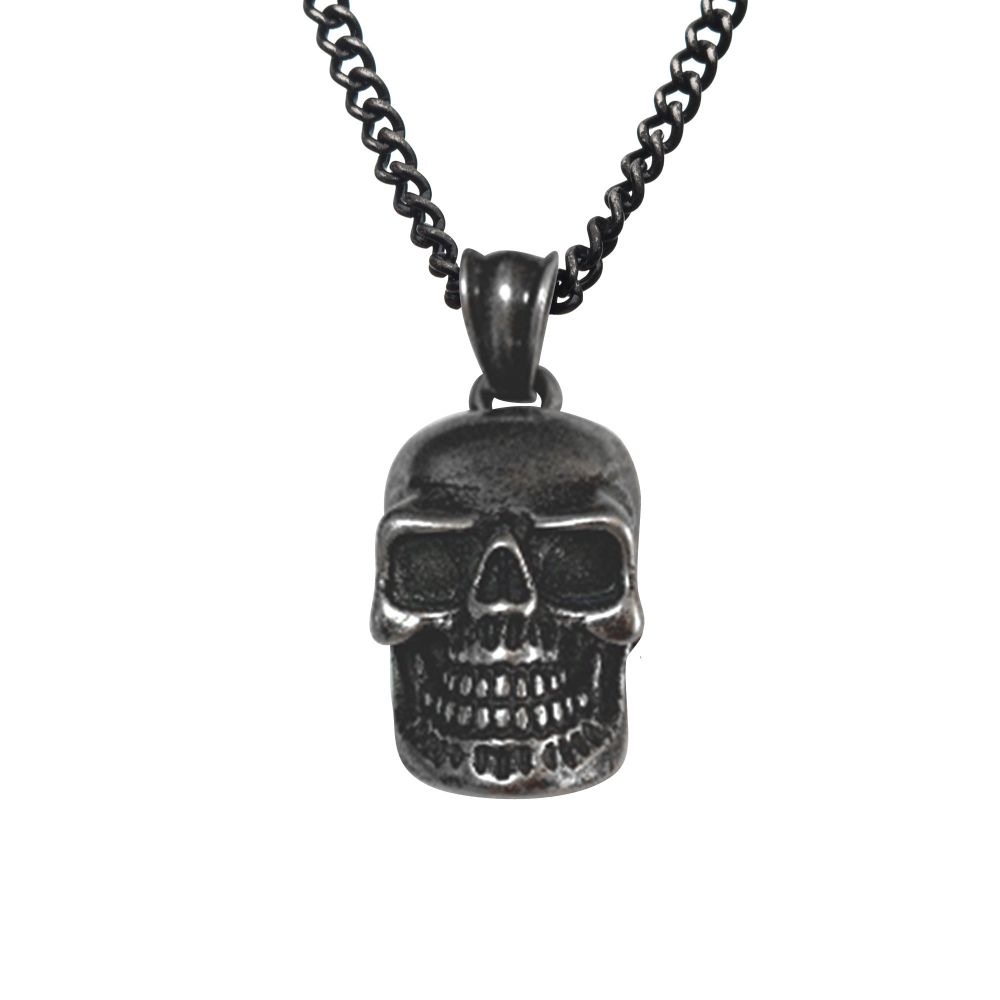 Antiqued Stainless Steel Skull Pendant with Black IP Chain Sale