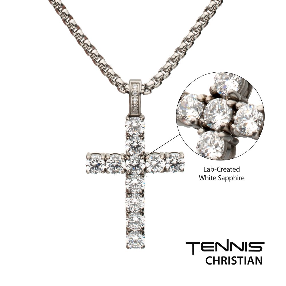 Lab-Created White Sapphire High Polished St Stl 22" Small Cross Pendant