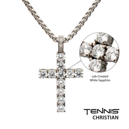 Lab-Created White Sapphire High Polished St Stl 22" Medium Cross Pendant