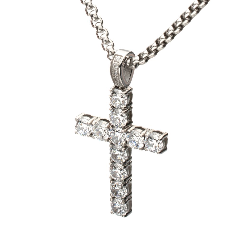 Lab-Created White Sapphire High Polished St Stl 22" Small Cross Pendant