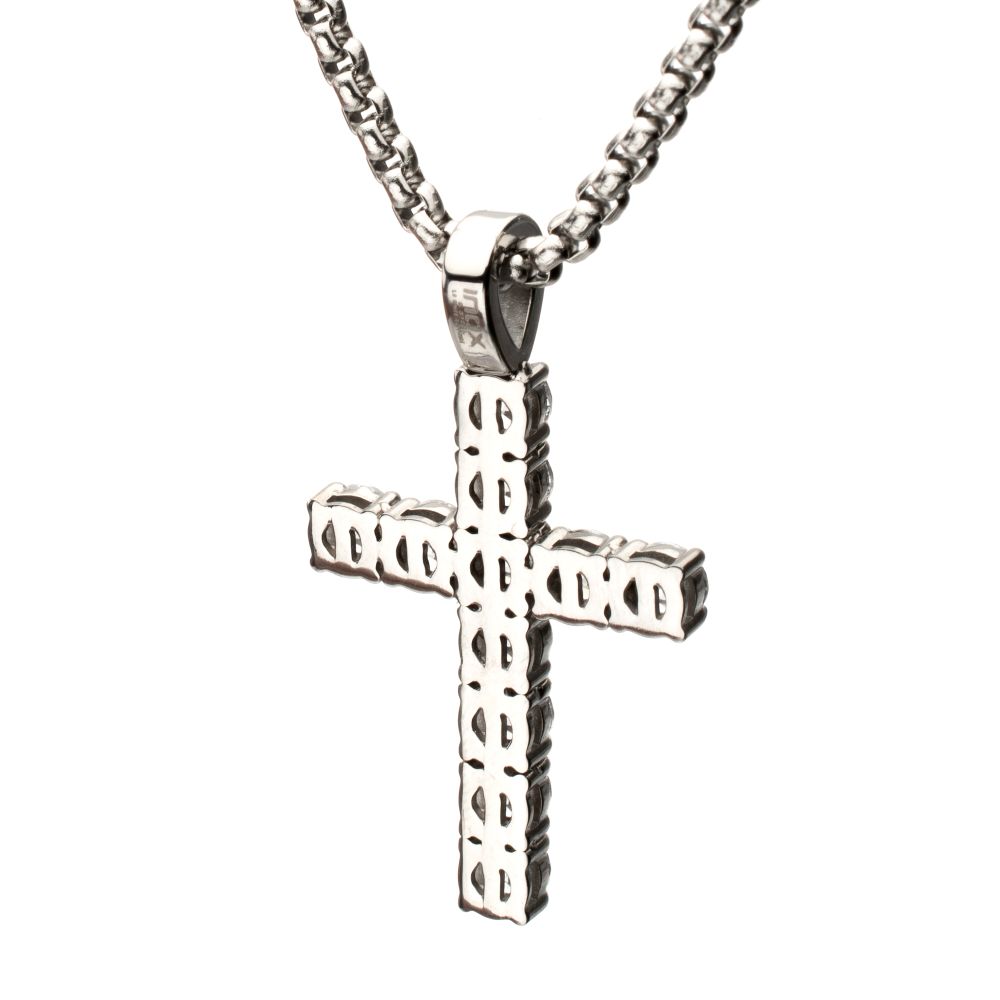 Lab-Created White Sapphire High Polished St Stl 22" Small Cross Pendant