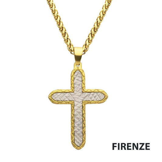 18Kt Gold IP Stainless Steel Chiseled Bold Cross Firenze Pendant with Wheat Chain