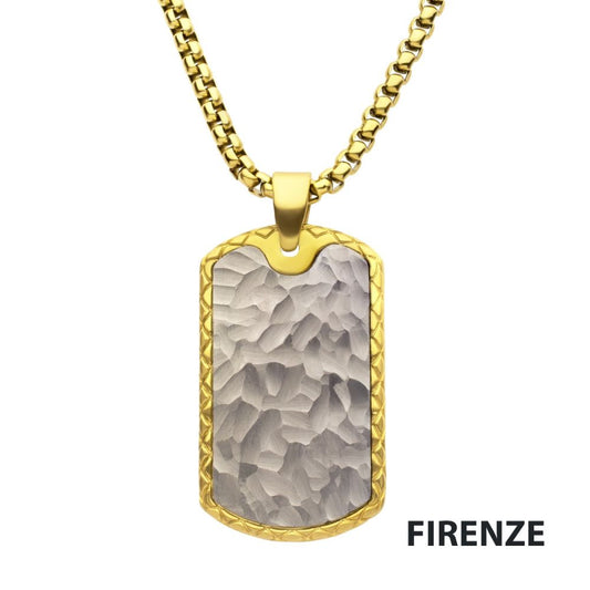 18Kt Gold IP Stainless Steel Chiseled Bold Tag Firenze Pendant with Box Chain