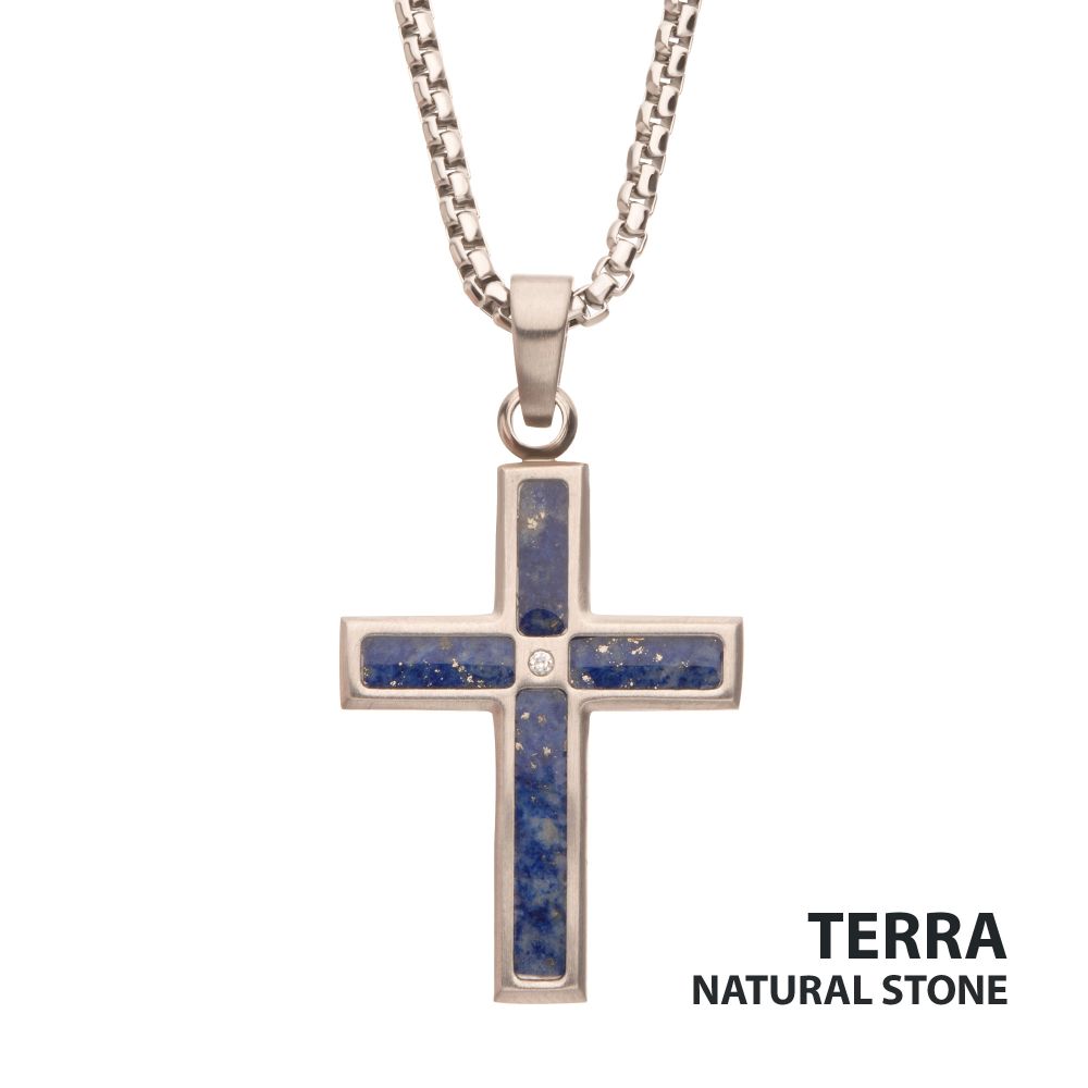 Matte Finish Stainless Steel Lapis Lazuli Stone Inlay Cross Pendant