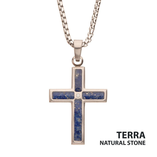 Matte Finish Stainless Steel Lapis Lazuli Stone Inlay Cross Pendant