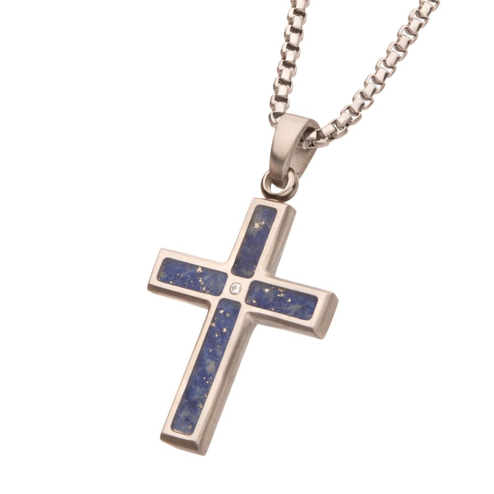 Matte Finish Stainless Steel Lapis Lazuli Stone Inlay Cross Pendant
