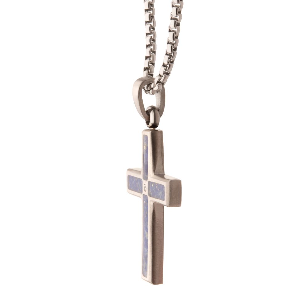 Matte Finish Stainless Steel Lapis Lazuli Stone Inlay Cross Pendant