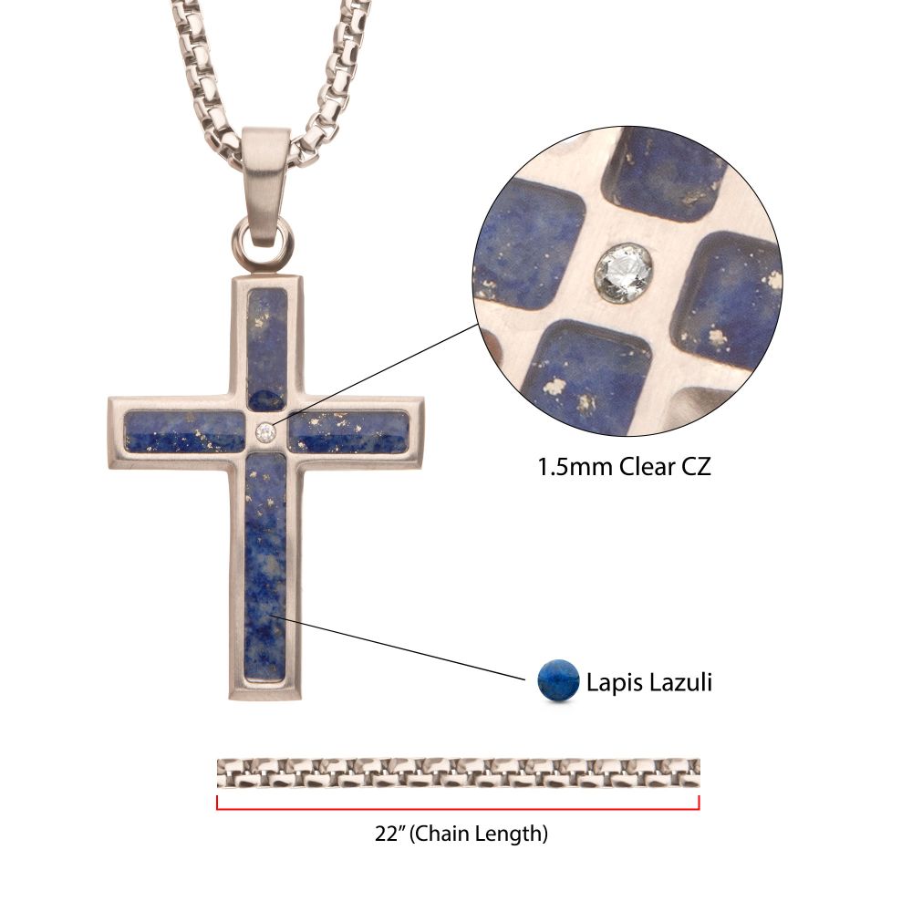 Matte Finish Stainless Steel Lapis Lazuli Stone Inlay Cross Pendant