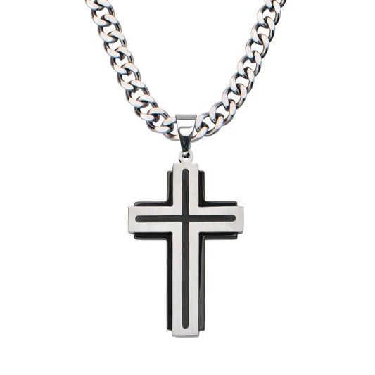 Black IP & Steel Cross Pendant Sale