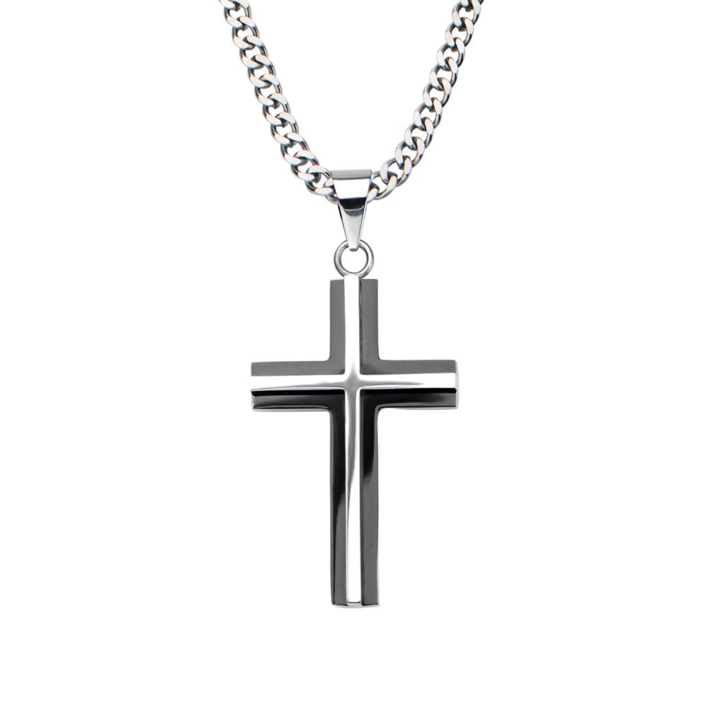 Black IP & Steel 3D Cross Pendant