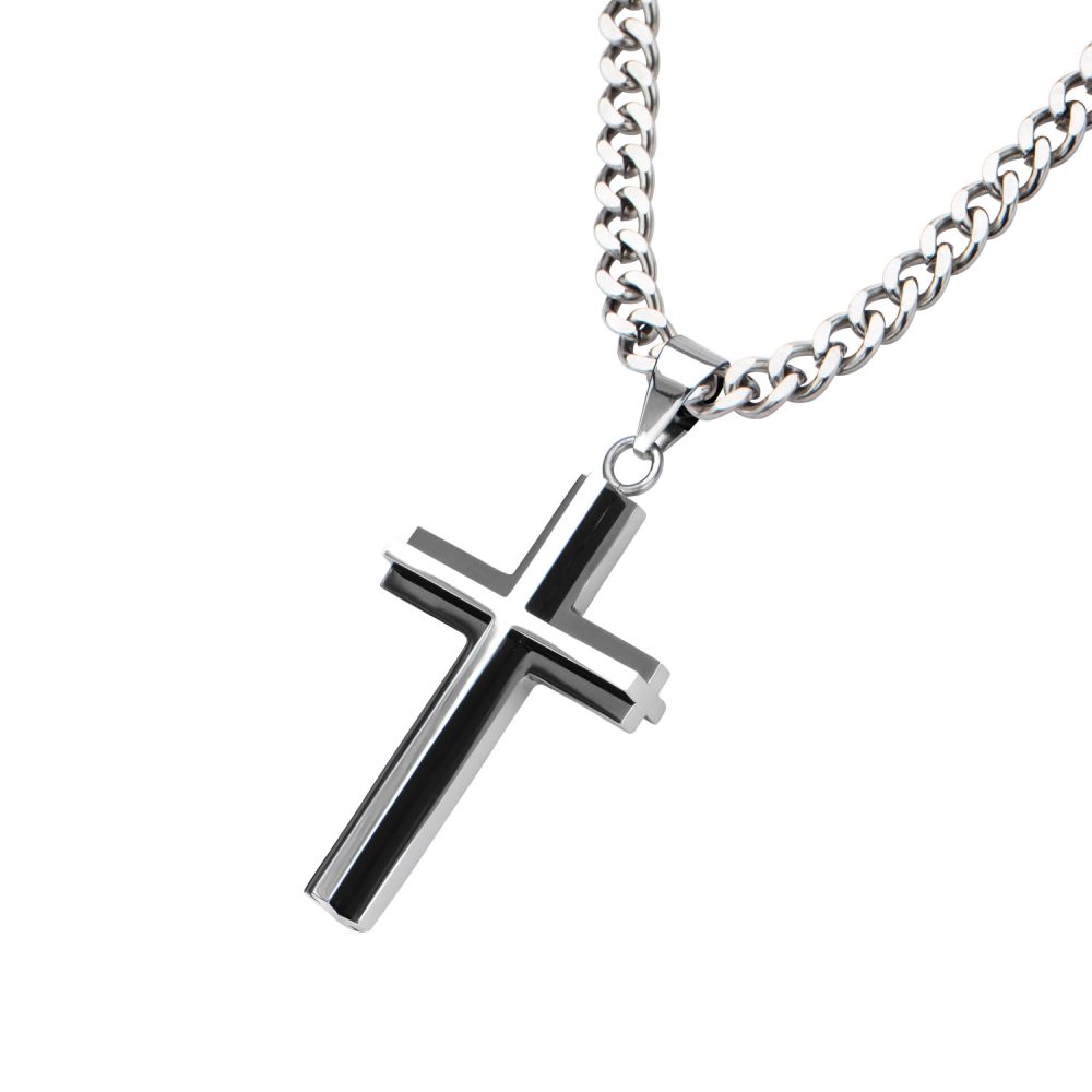 Black IP & Steel 3D Cross Pendant