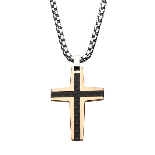 Black & Rose Gold IP with Carbon Fiber Link Inlay Cross Pendant with Steel Chain Sale