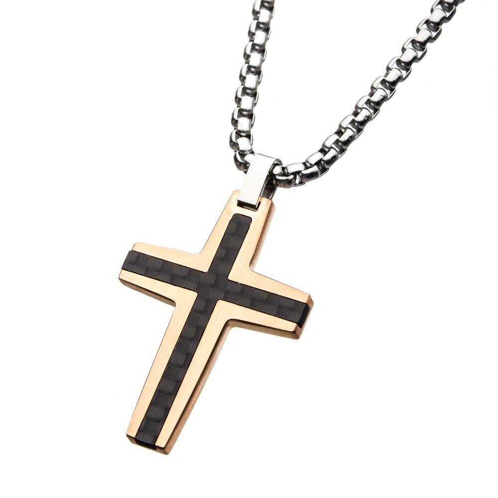 Black & Rose Gold IP with Carbon Fiber Link Inlay Cross Pendant with Steel Chain