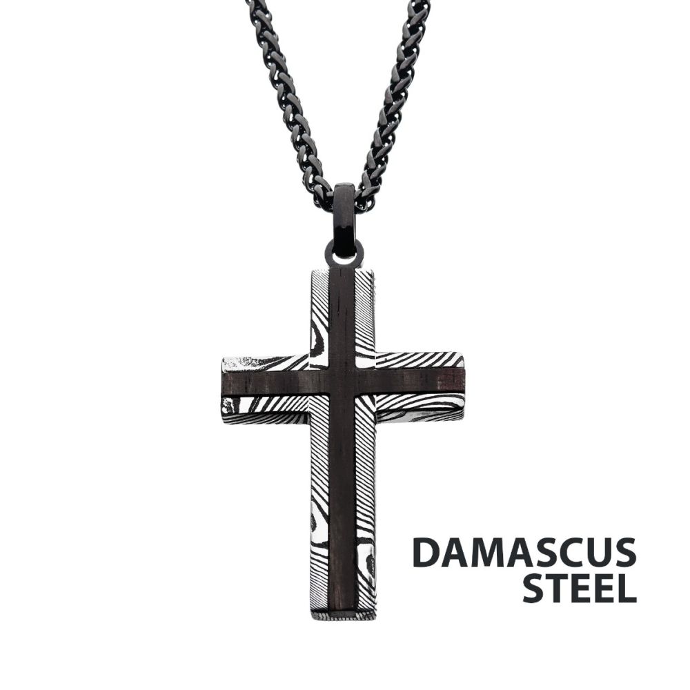 Black IP Stainless Steel Damascus cross with Ebony Wood Inlay Sale Sale