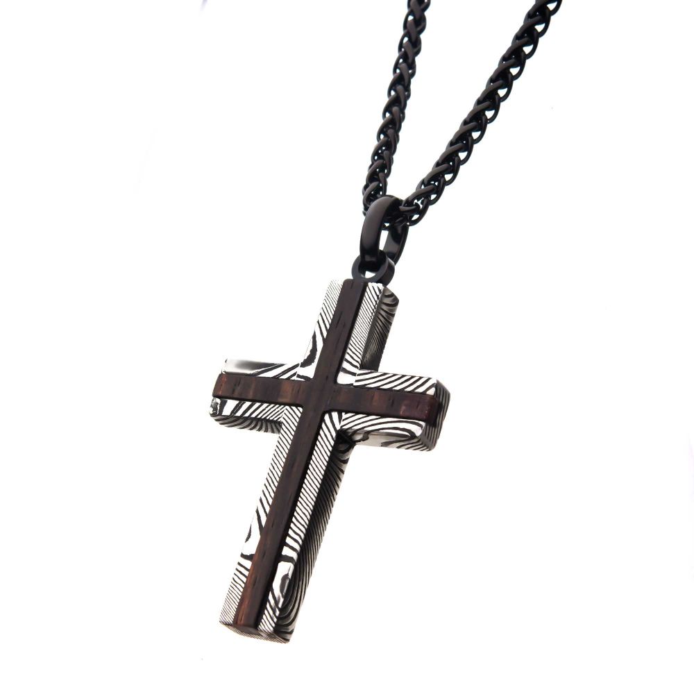 Black IP Stainless Steel Damascus cross with Ebony Wood Inlay Sale Sale