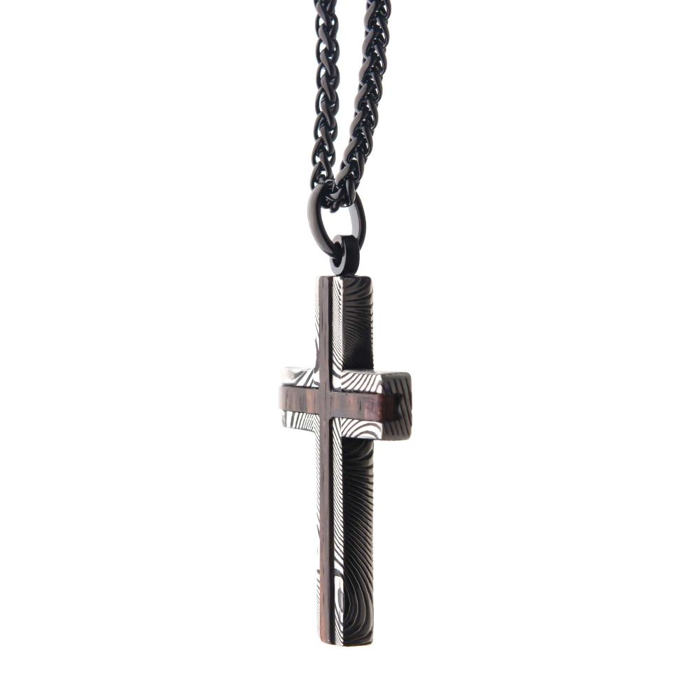 Black IP Stainless Steel Damascus cross with Ebony Wood Inlay Sale Sale