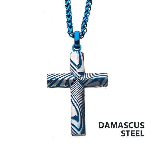 Blue IP Damascus Steel Cross Pendant