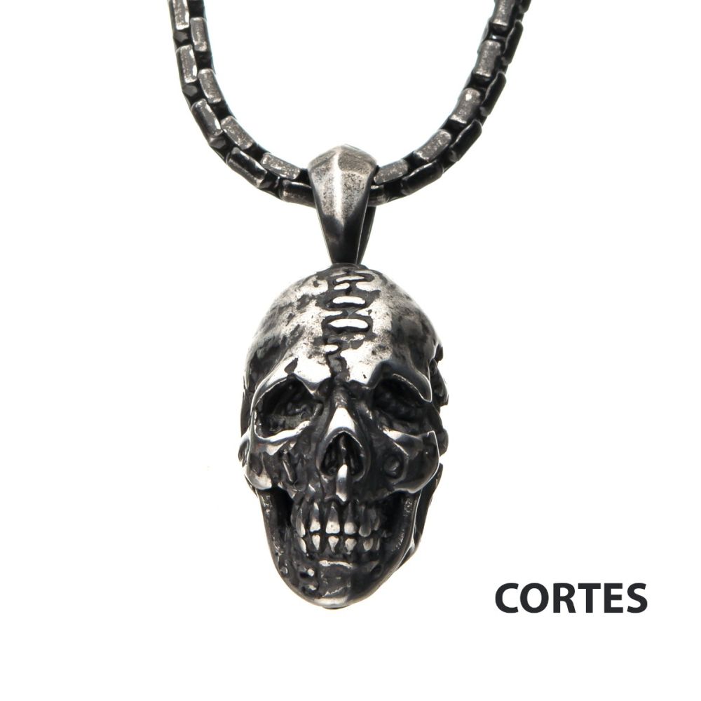 Stainless Steel Antique Silver Skull Head Pendant with Chain