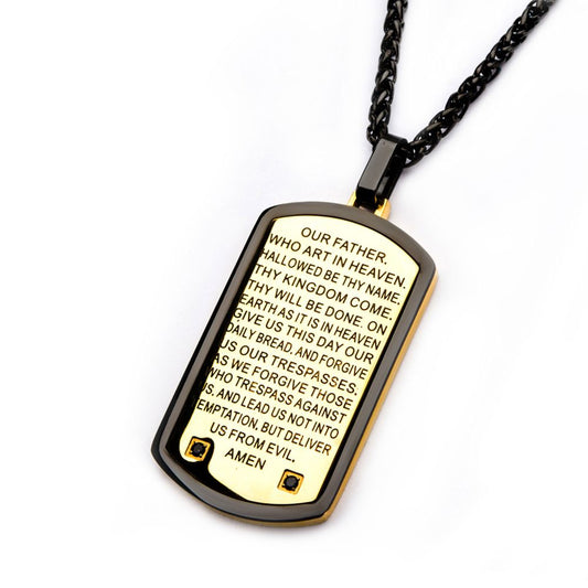 Two Tone with Lord's Prayer & CNC Black CZ Gem Dog Tag Pendant with Chain