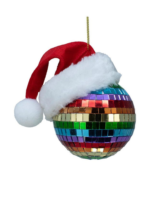 Glass Pride Mirror Ball With Santa Hat Ornament