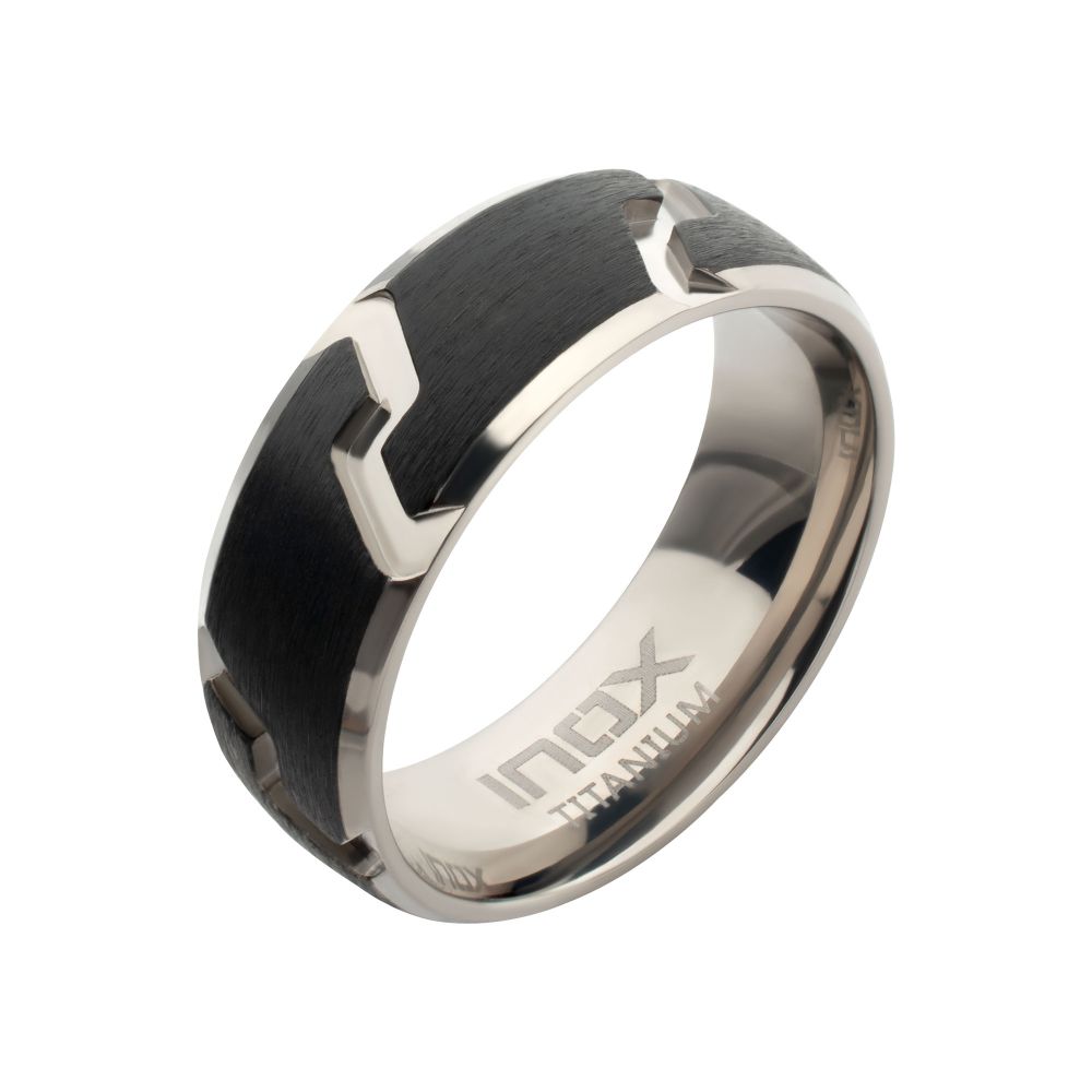 Black IP Titanium Tread Pattern Ring with Half Sizes