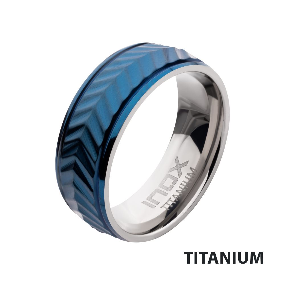 Blue IP Titanium Matte Finish Chevron Comfort Fit Ring