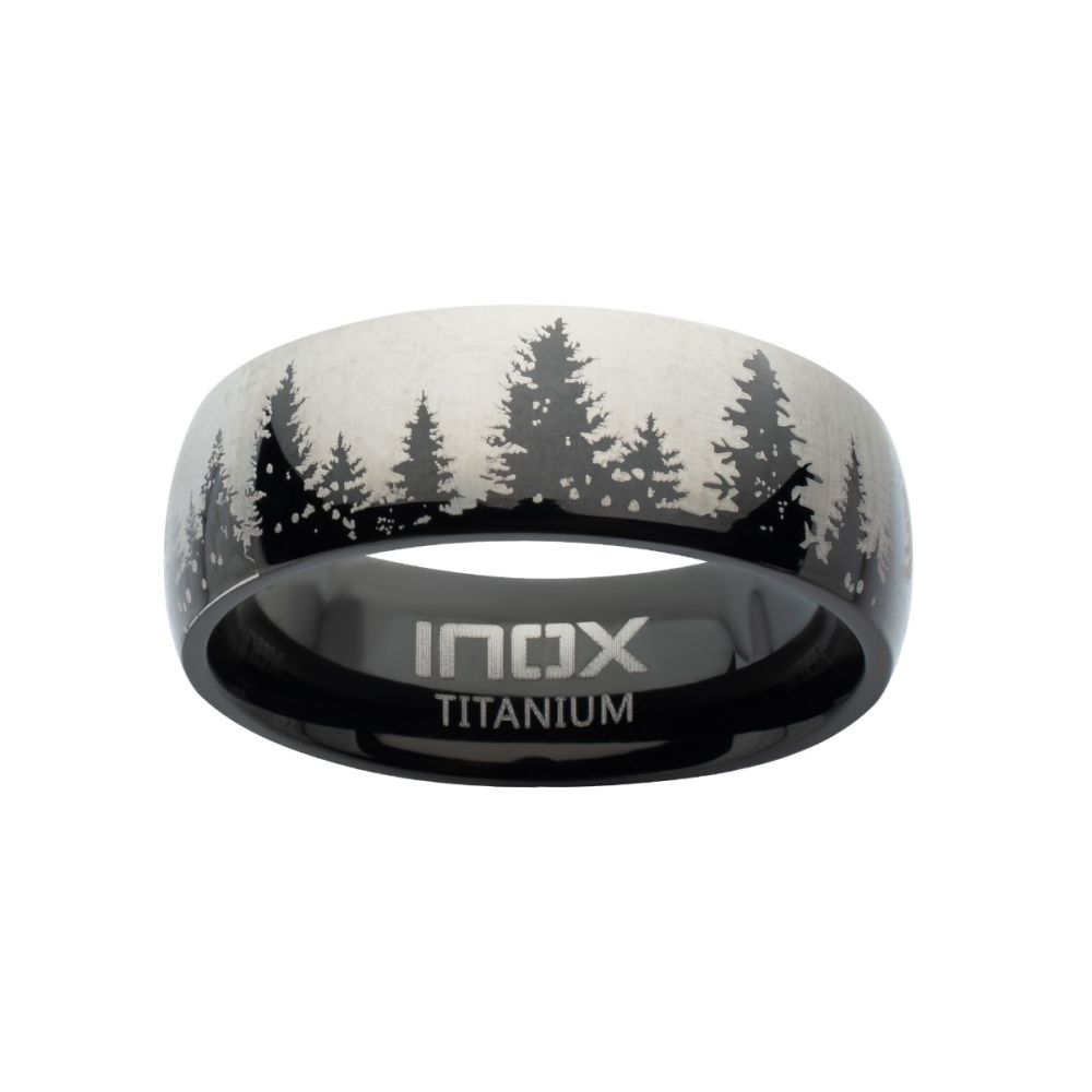 Evergreen Forest Treeline Design Black IP Titanium Comfort Fit Ring