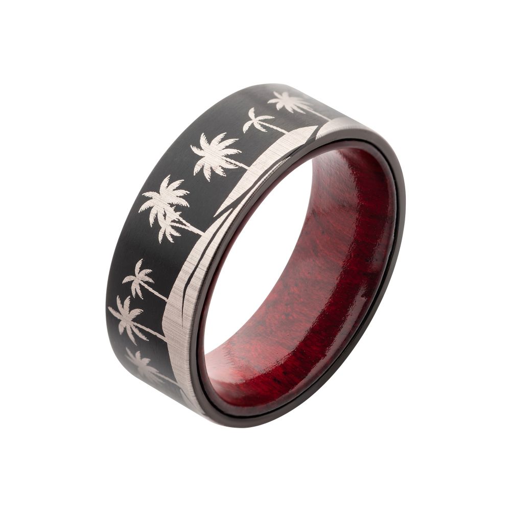 Titanium Black IP with Tropical Palm Treeline Design with Inner Rosewood Comfort Fit Ring Sale