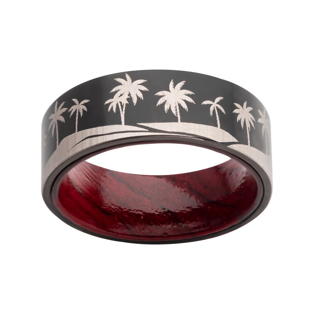 Titanium Black IP with Tropical Palm Treeline Design with Inner Rosewood Comfort Fit Ring Sale