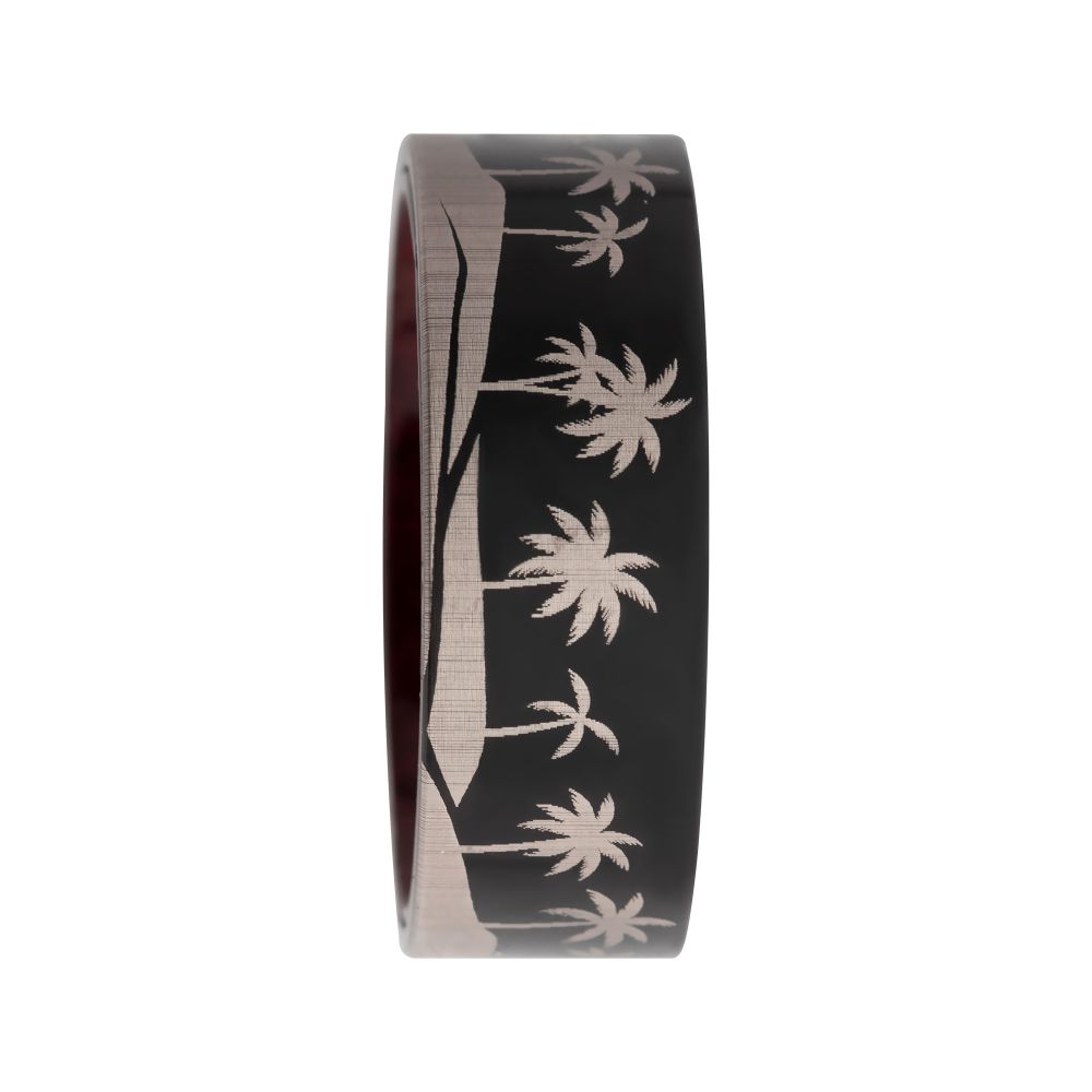 Titanium Black IP with Tropical Palm Treeline Design with Inner Rosewood Comfort Fit Ring Sale