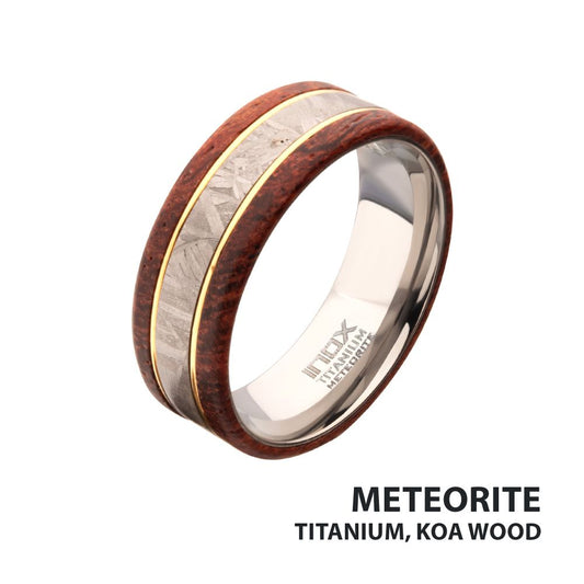 8mm Titanium, Meteorite & Koa Wood Inlay Comfort Fit Ring Sale