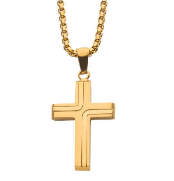 18K Gold IP Cross Drop Pendant with 22" Round Box Chain Sale Sale