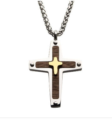 18K Gold IP Cross Overlapped on a Steel Pendant with Walnut Inlay Sale Sale