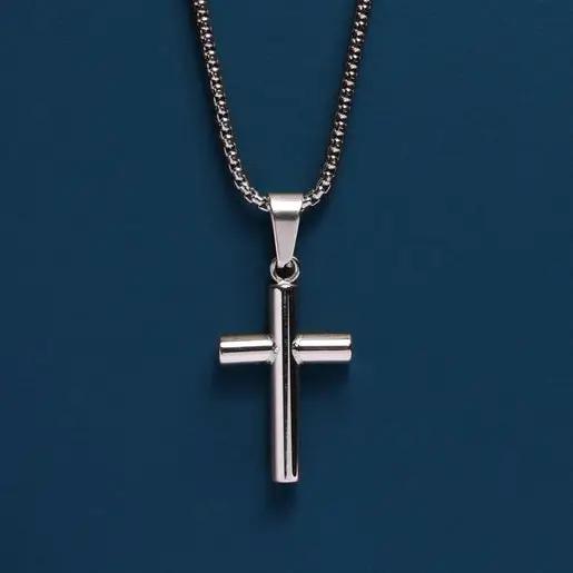 316L Stainless Steel Medium Bamboo Cross Necklace - 18in-