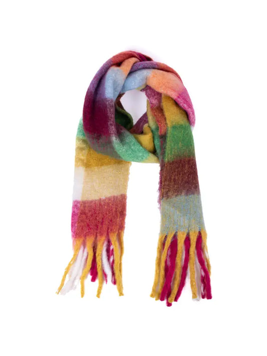 Multi-Color Checked Oversized Tassel Scarf