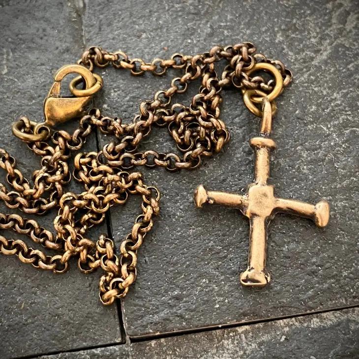 Antiqued Bronze Small Cross Necklace - 20in - Final Clearance